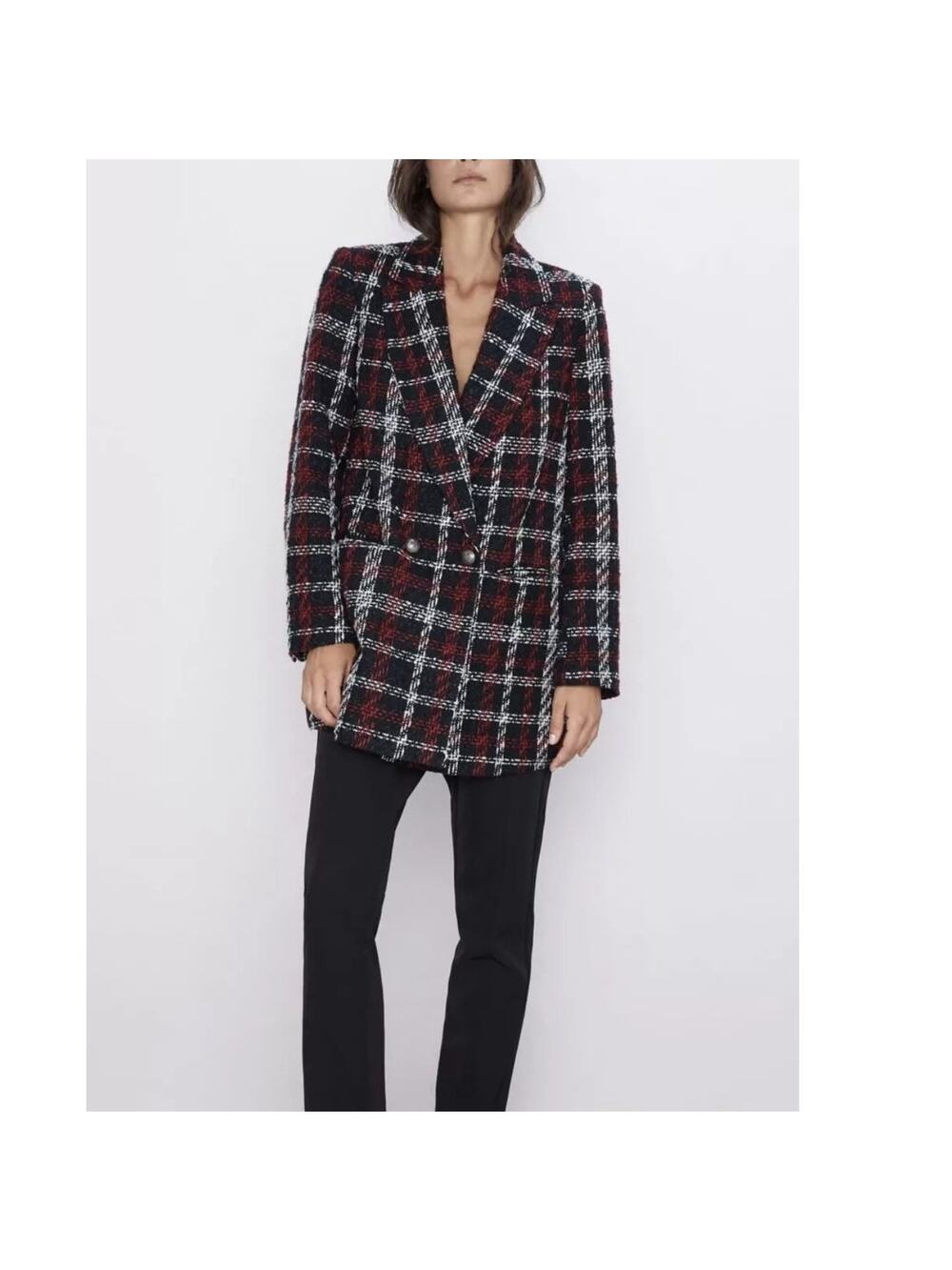 ZARA Overside Plaid Front Double Breasted Tweed Blazer Button Lined M Black Red